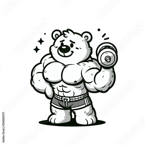 cartoon bear bodybuilder powerlifter holding barbell vector isolated illustration	