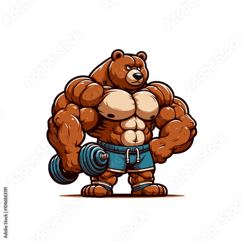 cartoon bear bodybuilder powerlifter holding barbell vector isolated illustration	