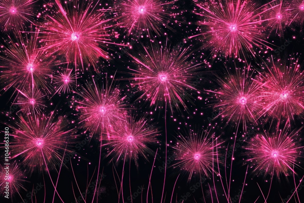 Naklejka premium Pink Fireworks. Festive Illustration of Beautiful Red Fireworks in Happy New Year Celebration