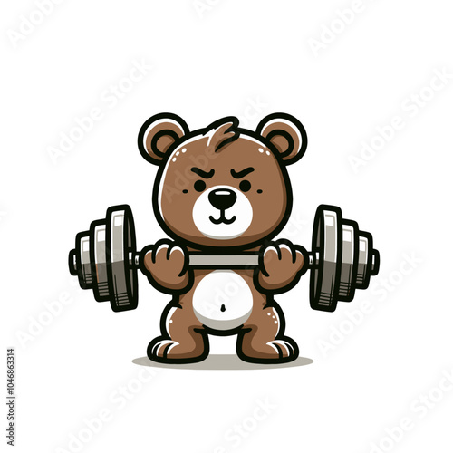 cartoon bear bodybuilder powerlifter holding barbell vector isolated illustration	
