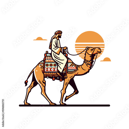 Eastern Nomad and camel simplified forms isolated vector illustration