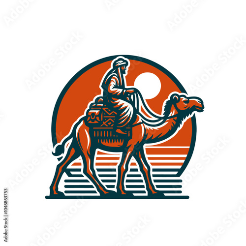 Eastern Nomad and camel simplified forms isolated vector illustration