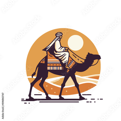 Eastern Nomad and camel simplified forms isolated vector illustration