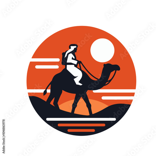 Eastern Nomad and camel simplified forms isolated vector illustration