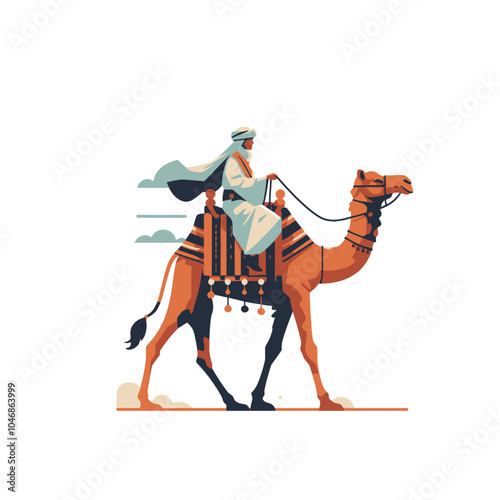 Eastern Nomad and camel simplified forms isolated vector illustration