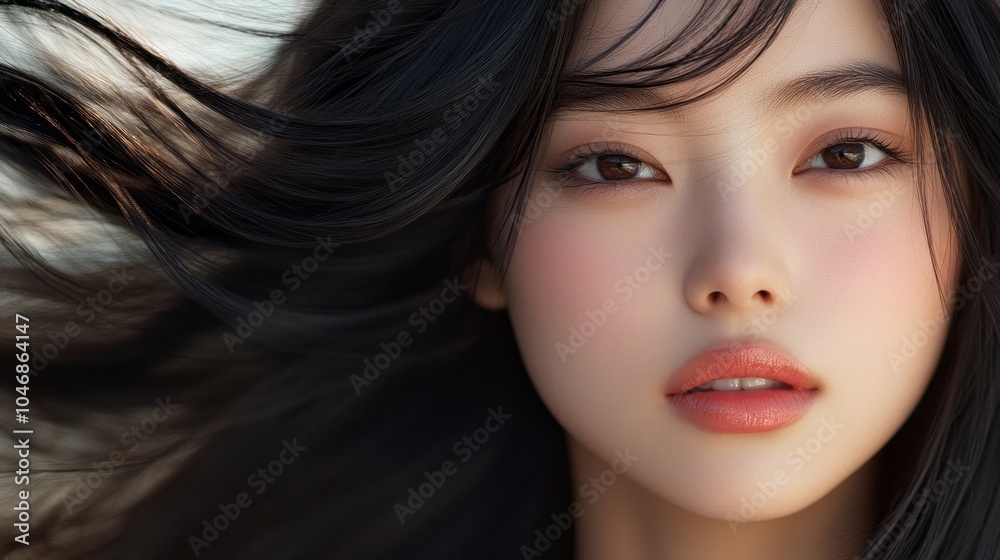 A woman with long black hair and a red lip