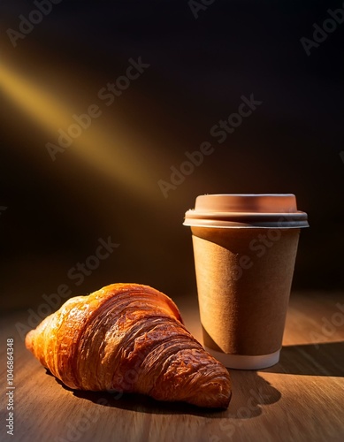 un croissant junto a un café y en un vaso para llevar, en una mesa desde abajo y espacio libre