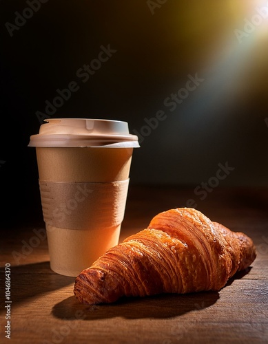 un croissant junto a un café y en un vaso para llevar, en una mesa desde abajo y espacio libre