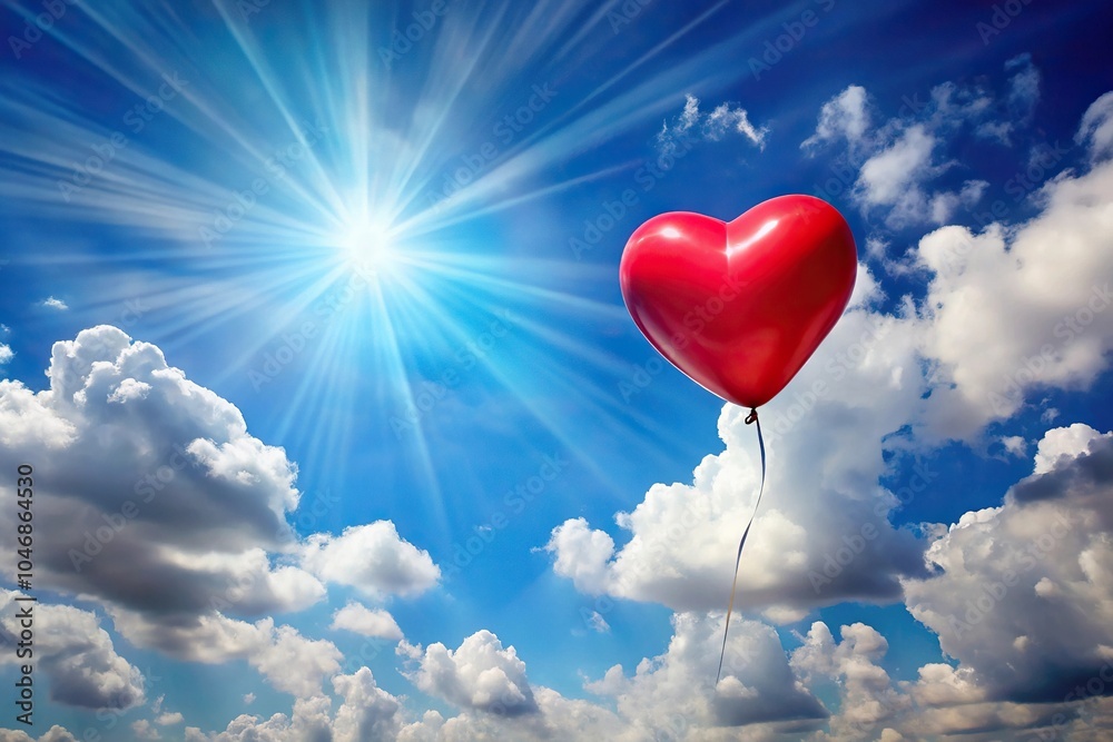 Heart-shaped balloon floating in mid-air against a bright blue sky with fluffy white clouds and sunbeams, cloud, romance, love, happy Heart-shaped balloon floating in mid-air against a bright blue sky with fluffy white clouds and sunbeams, cloud, romance, love, happy