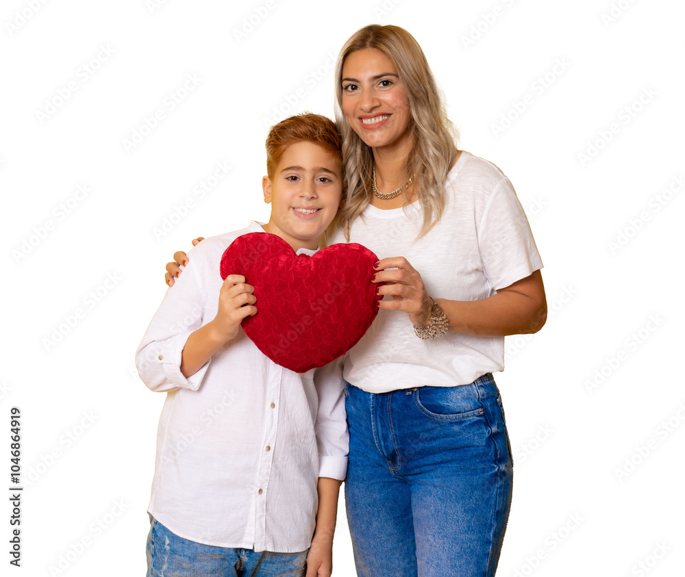 Happy mother and son together holding heart isolated over transparent background. Happy mother and son together holding heart isolated over transparent background.