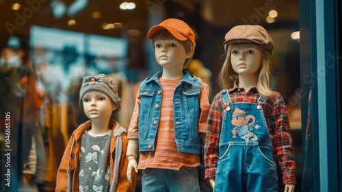 Three children dressed in clothing are displayed in a store window