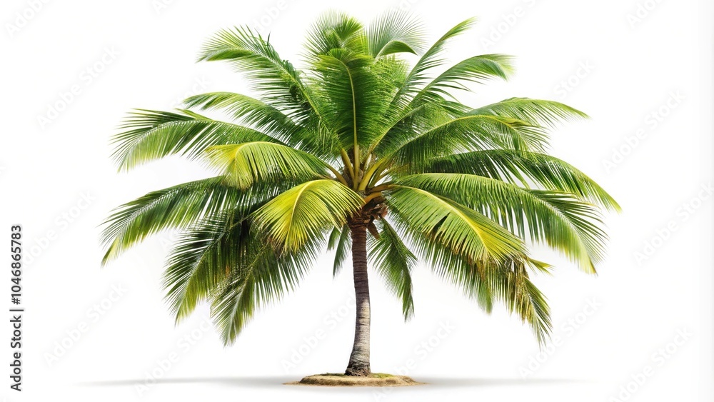 Isolated coconut tree on white background from a forced perspective angle Isolated coconut tree on white background from a forced perspective angle