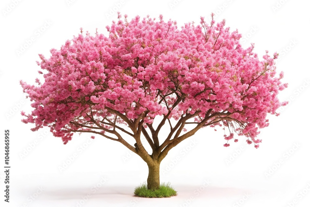 Fototapeta premium Isolated spring tree with pink blossom on white background from high angle view