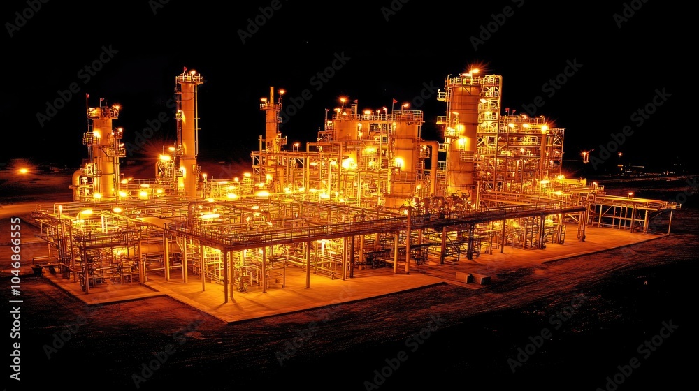 Industrial Plant at Night with Bright Orange Lights Industrial Plant at Night with Bright Orange Lights