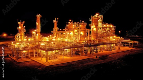 Industrial Plant at Night with Bright Orange Lights