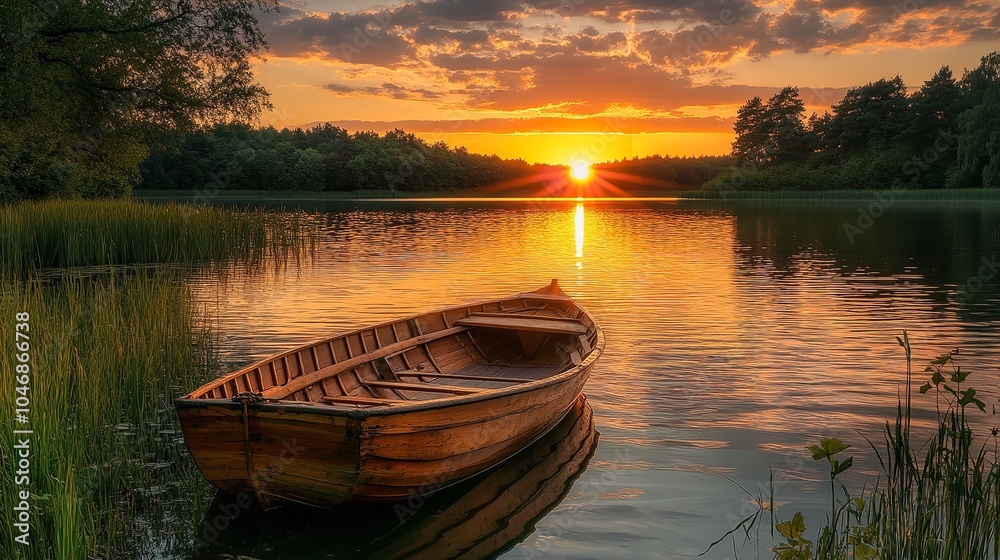 Fototapeta premium Tranquil Sunset Over a Still Lake with a Wooden Boat.