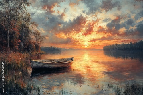 Peaceful Sunset Above a Quiet Lake with a Boat.