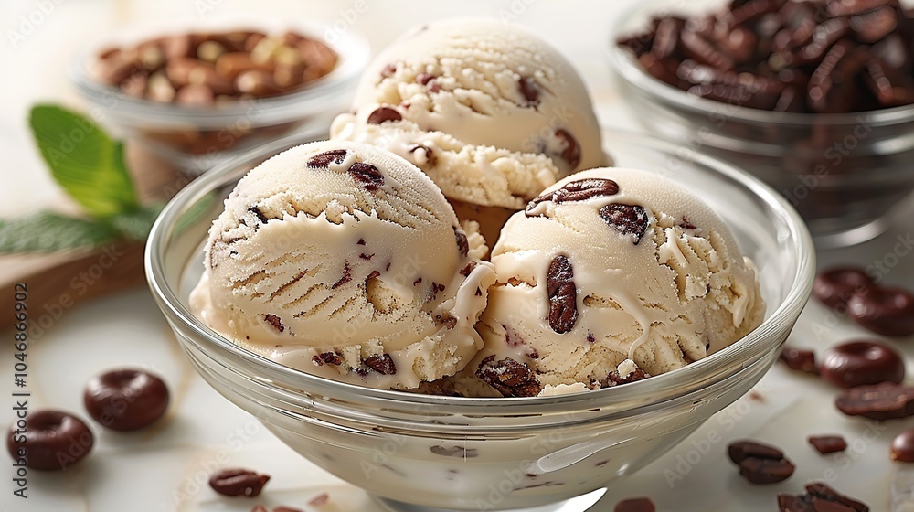 Three scoops of coffee ice cream with chocolate chips in a clear glass bowl on a white counter. Three scoops of coffee ice cream with chocolate chips in a clear glass bowl on a white counter.