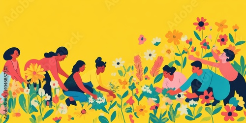 People planting flowers in colorful garden.