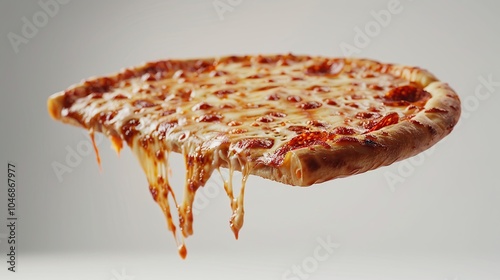 A slice of pepperoni pizza with melted cheese dripping down, isolated on a white background.