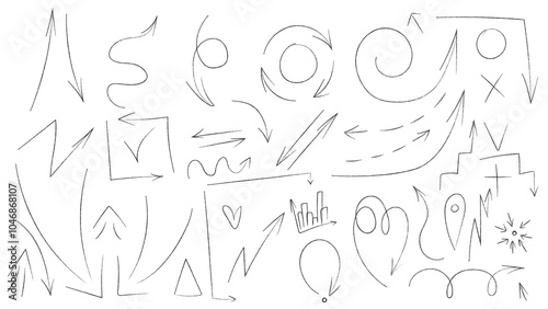 Arrows set. Business Plan Infographics Arrows Showing Growth, Ups and Downs. Indicators of the way, the movement. Graphics Illustration Signs. Flat Hand Drawn Comic Doodle Cursors. Black Icon Bolts. 