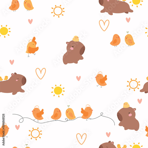 Capybara and cute yellow birds, seamlles summer pattern . photo