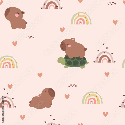 Capybara and rainbows. Cartoon print on light background, seamless pattern illustration for kids