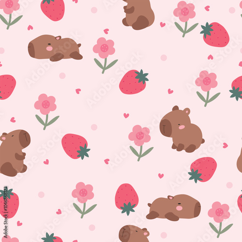 Cute caybara , strawberry and pink hearts, seamless pattern . Vector illustration for kids and Valentine's Day.