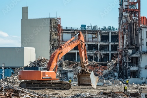 Excavator in action during industrial building demolition process photo