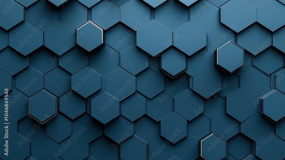 Abstract 3D hexagonal blue pattern with layered geometric shapes casting shadows and creating a sense of depth and dimension on a dark greenish-blue background. Abstract 3D hexagonal blue pattern with layered geometric shapes casting shadows and creating a sense of depth and dimension on a dark greenish-blue background.