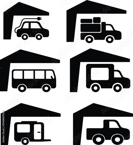 ICON VETTORIALE EDITABILE car roulotte camion rimorchio furgone traino, gancio trasporto box garage rimessa