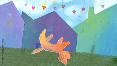 illustration in watercolor, crayons and collage of an orange cat upside down on a colorful street