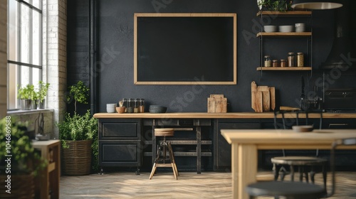 Cozy kitchen with a blank chalkboard on the wall