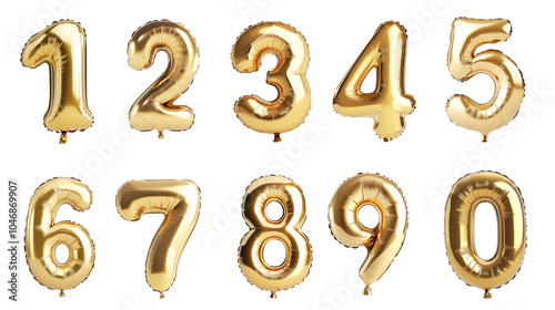 Golden number balloons from 0 to 9, perfect for celebrations, parties, and festive decorations. Shiny metallic finish for vibrant display.