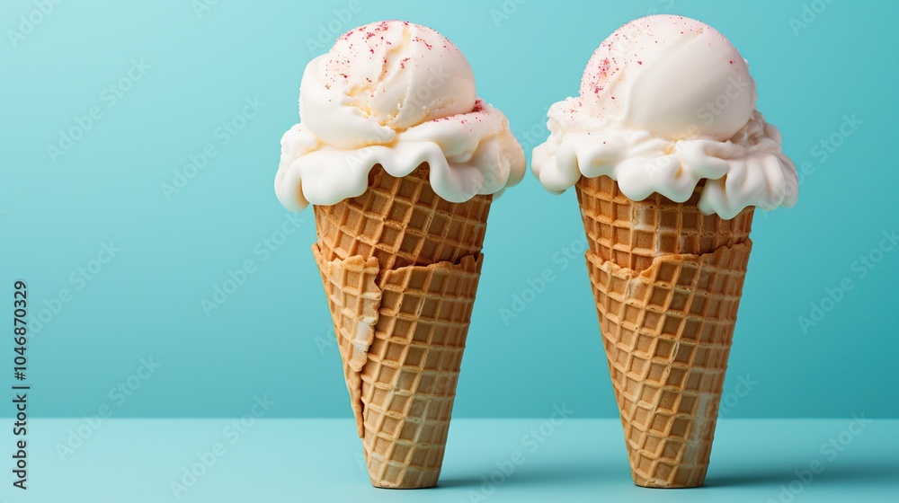 Two scoops of vanilla ice cream with red sprinkles in waffle cones on a turquoise background. Two scoops of vanilla ice cream with red sprinkles in waffle cones on a turquoise background.