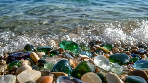 Vibrant sea glass and stones scattered along the shore, shimmering under the sunlight beside the tranquil sea.