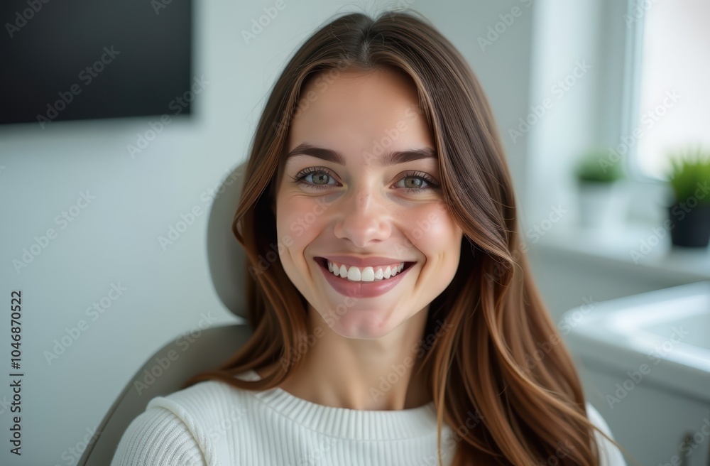 A woman is joyfully smiling while comfortably sitting in a dental chair, feeling relaxed and happy during her dental visit for treatment A woman is joyfully smiling while comfortably sitting in a dental chair, feeling relaxed and happy during her dental visit for treatment