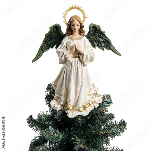 Elegant angel tree topper with green wings, white robe, and golden halo, intricately designed for Christmas tree decoration.