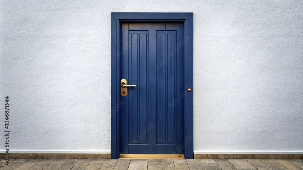 Fototapeta premium Navy blue wooden door with brass handle and hinges in a small white building, architectural details, door, navy blue door, brass