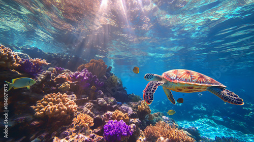 Sea turtles gracefully gliding through a vibrant coral reef, their shells dappled with sunlight. Colorful fish swim around them photo