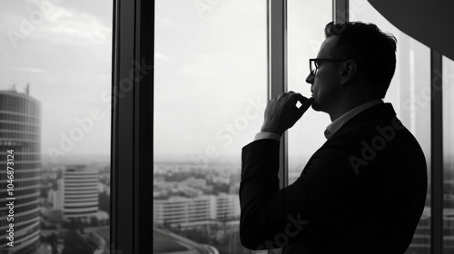 A man in silhouette gazes thoughtfully out a high-rise window, reflecting on urban life and professional aspirations.