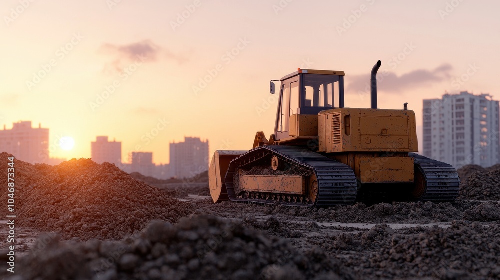 A bulldozer on construction site dirt during sunset, with buildings silhouetted in the background, illustrating urban development and machinery work. A bulldozer on construction site dirt during sunset, with buildings silhouetted in the background, illustrating urban development and machinery work.