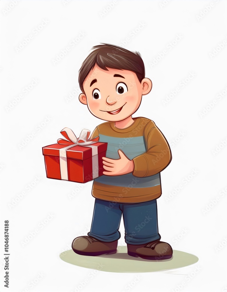 Child happily holding a red gift box with a white ribbon to mark a special event Child happily holding a red gift box with a white ribbon to mark a special event