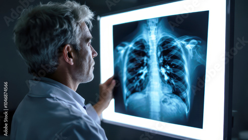 Doctor Closely Inspecting Human Lung Radiograph Held Up to Light Source for Detailed Analysis