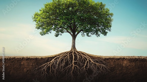 Tree with visible roots on a clear sky background, nature's beauty showcased.