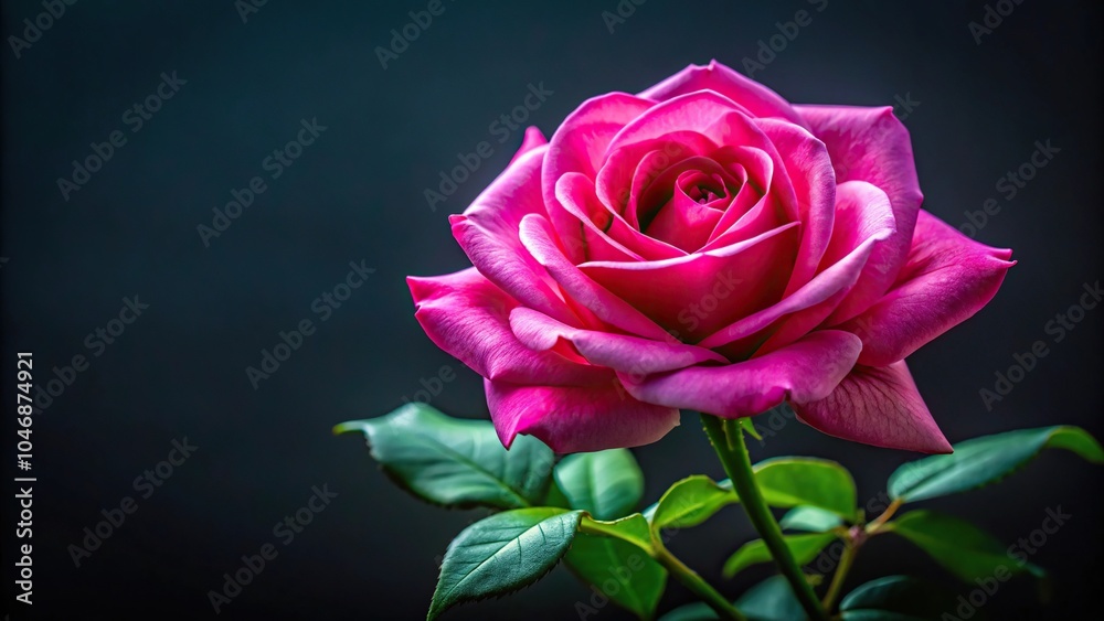 Radiant pink rose with green leaves on dark background Radiant pink rose with green leaves on dark background