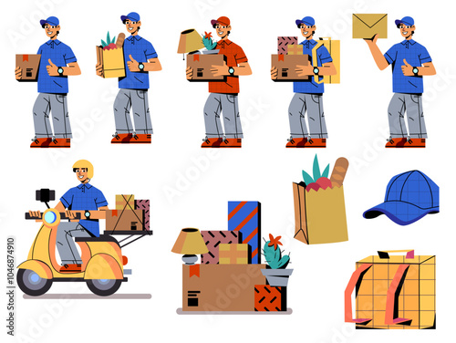 Delivery service concept - young man courier with food, store products order in paper package, cardboard mail box parcel, letter and house stuff for moving. Flat cartoon vector set of deliverer.