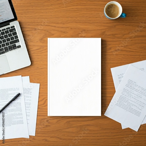 desk with a white notebook for mockup design