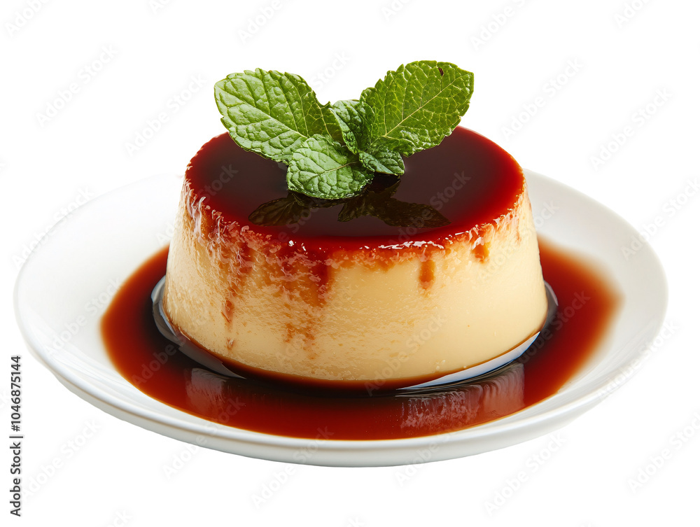 a flan with syrup and mint on top a flan with syrup and mint on top