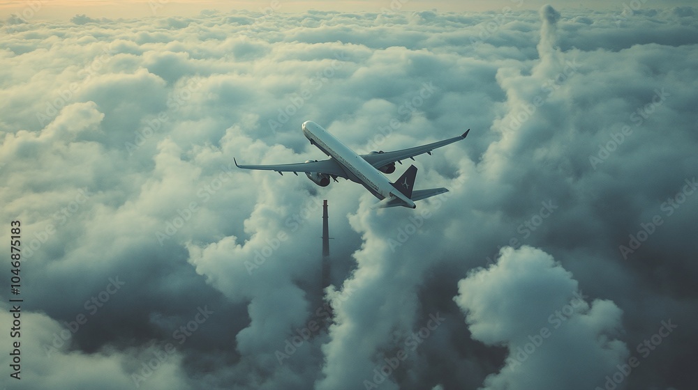 the plane flies above the clouds polluted by smoke from factories the plane flies above the clouds polluted by smoke from factories